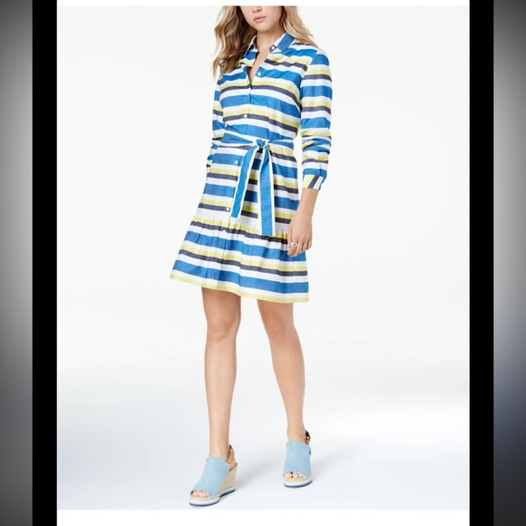 TOMMY HILFIGER | Striped Blue and Yellow Shirt Dress - Picture 1 of 5